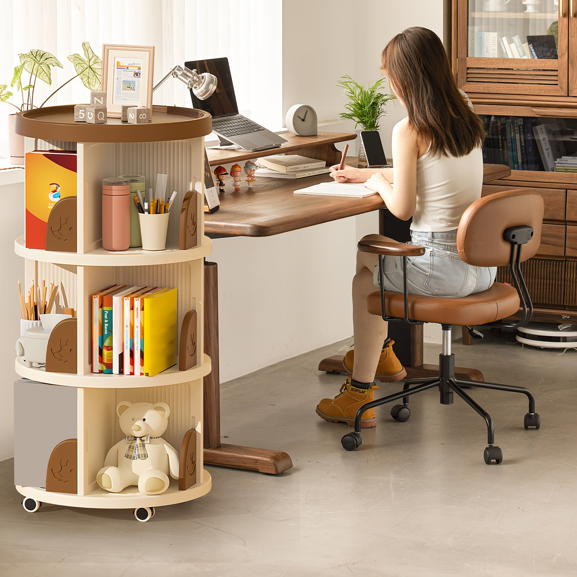 2\u002F3 Layer Swivel Bookshelves, 360° Rotatable Plastic Display Stands, Space Saving Design - Home Storage Shelf, Green\u002FBrown, Storage Shelf for Study, Bedroom, Living Room, Library, Etc.