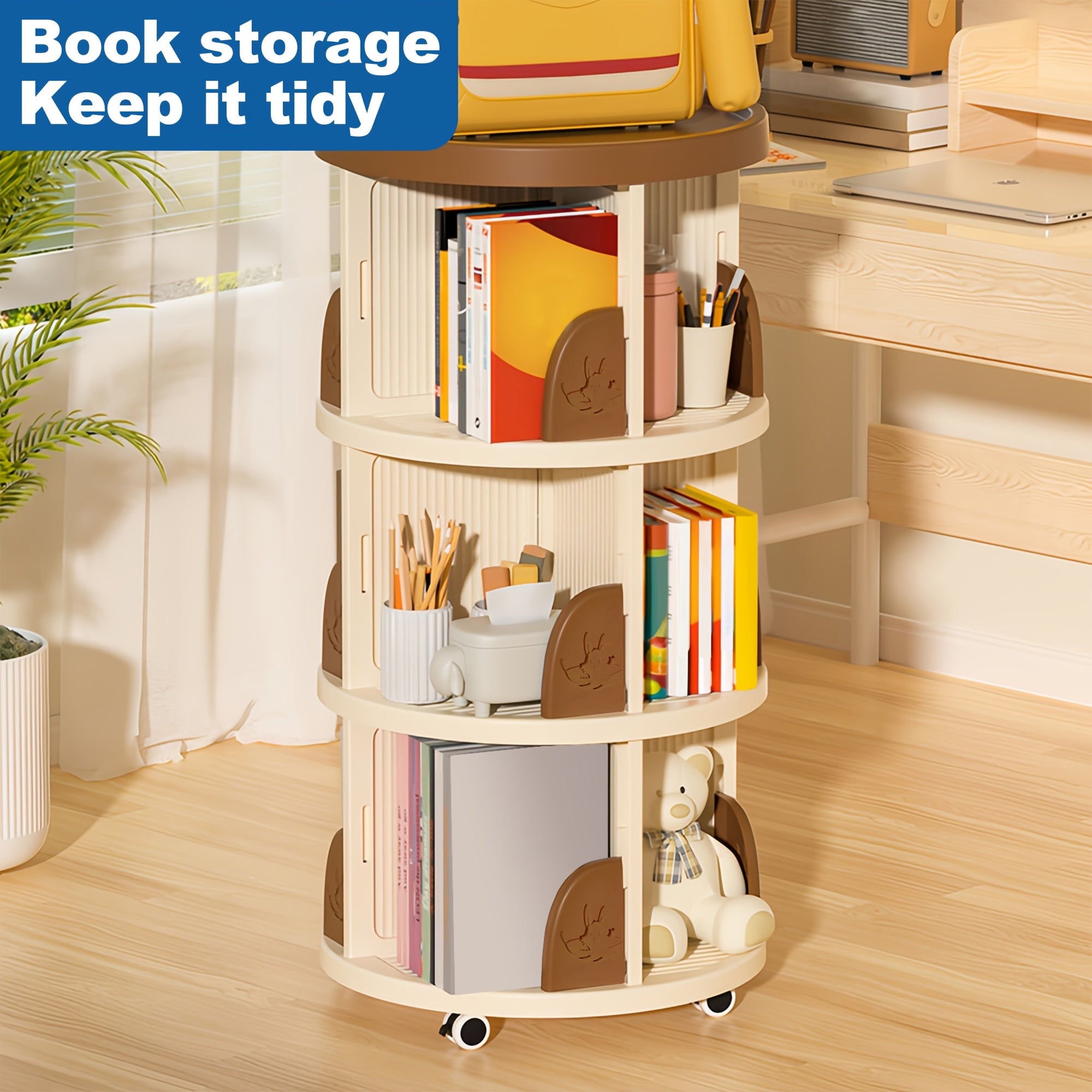 1pc Movable Bookcase, 2\u002F3 Tier Tableside Bookcase, Floor Desk Trolley On Wheels, Durable Book Storage Rack, Office School Supplies Storage Shelf, Green\u002FBrown, Suitable for Pencil Holder, Textbooks, Document Storage, Office Supplies Storage