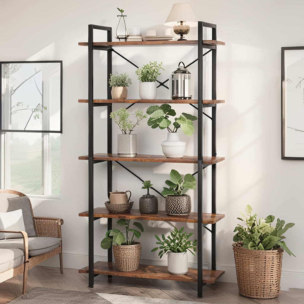 Five Layer Industrial Style Bookshelf - Retro Brown And Black Metal Frame, Stable Design, High-quality, Easy To Clean, Suitable For Offices, And Study Rooms - Easy To Assemble-Bookshelf