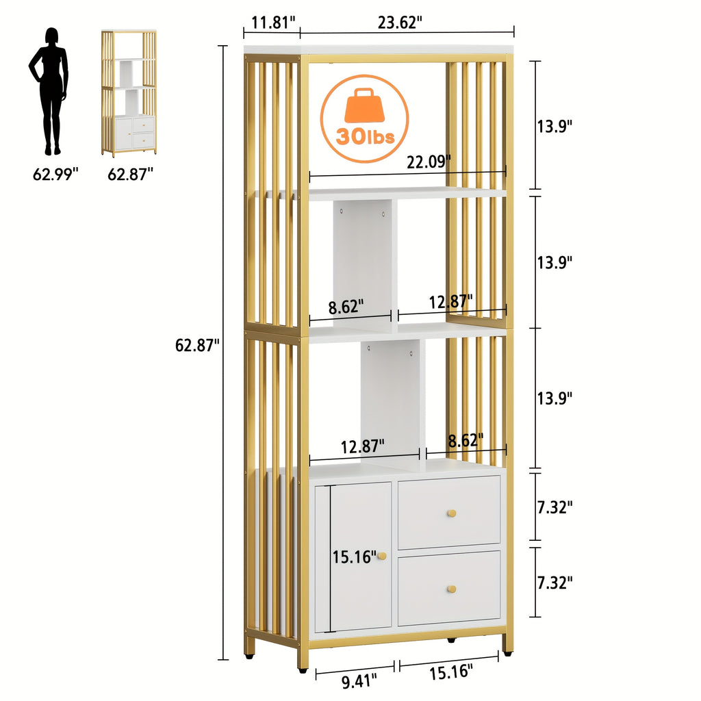 Bookshelf And Bookcase with Storage Cabinet And 2 Drawers, White And Golden Bookshelf, Standing 5 Tiers Book Shelves Display Rack with Doors for Bedroom Living Room Office, Golden