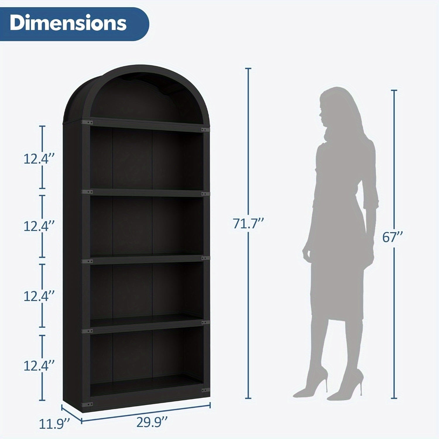 5-Tier Arched Bookshelf, 71.65 Inch High Bookshelf, Farmhouse Display Storage Rack, Wooden Bookshelf for Home, Office, Living Room