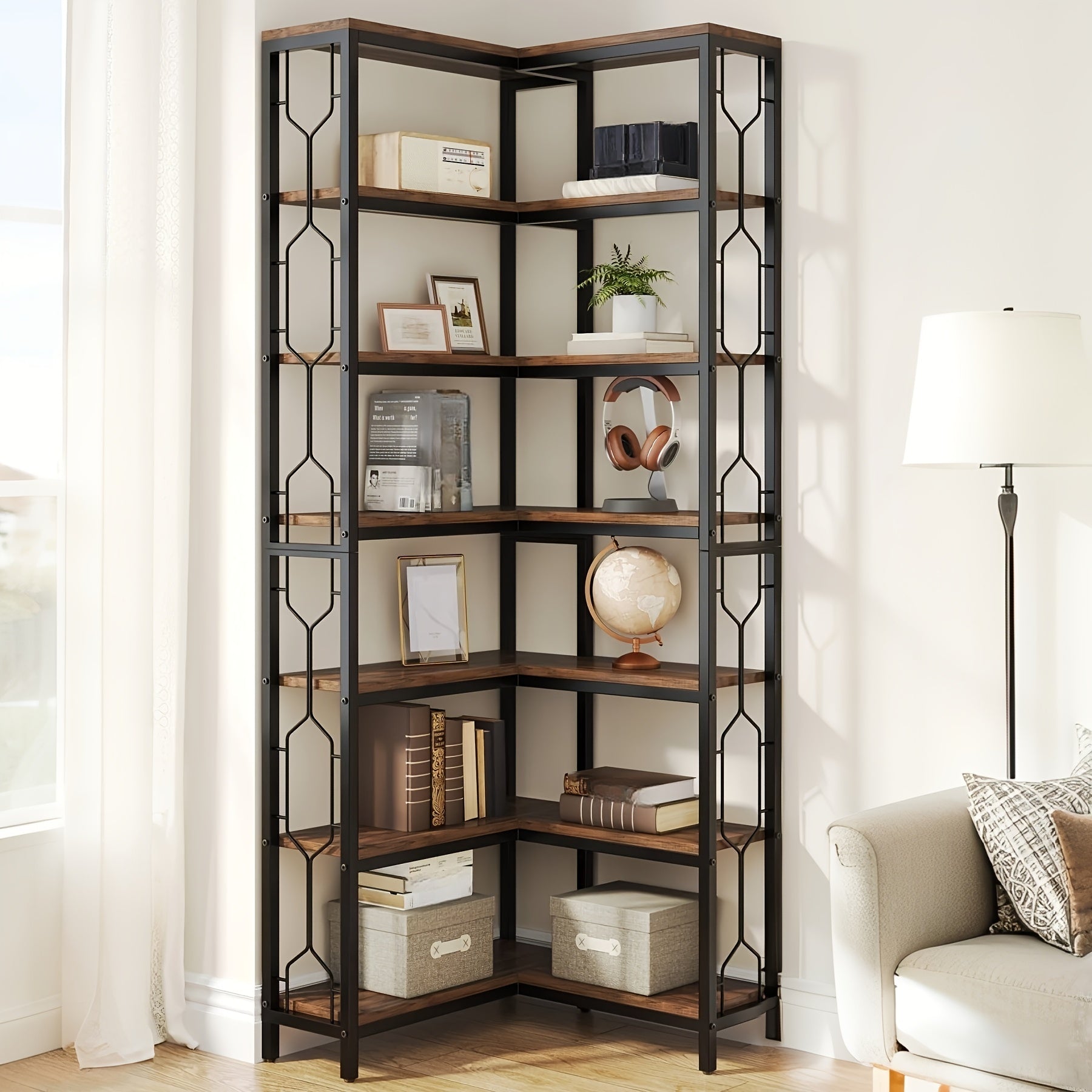 7-Tier Industrial Corner Bookshelf - Black Metal Frame, Space-Saving Design, Easy Assembly, Versatile Storage for Living Room or Office, Durable Particle Board & Metal Construction, Bookshelf Decorations
