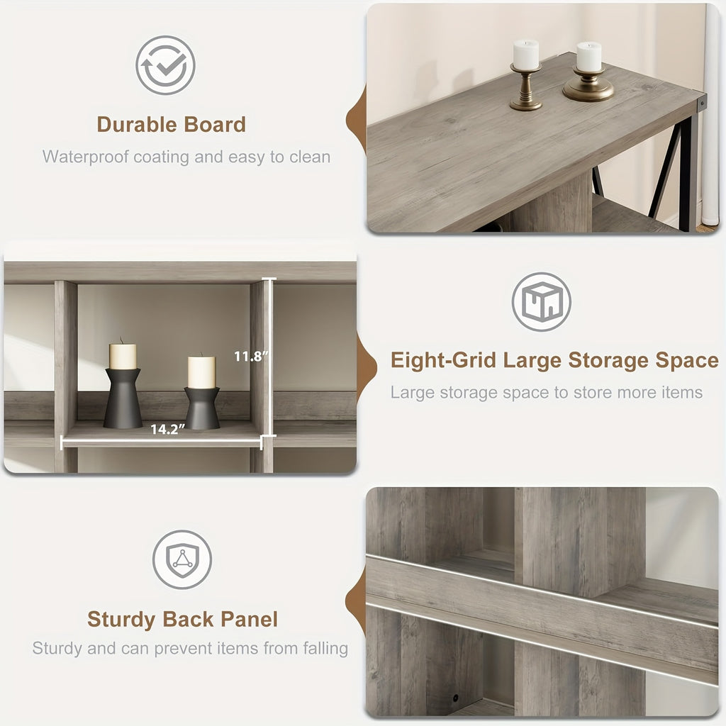 8 Cube Storage Organizer Bookshelf, 3 Tier Metal Horizontal Bookcase, 62 Inch Console Bookshelves, Industrial Storage Bookcase For Entryway, Long Low Bookshelf For Living Room-Retro Gray