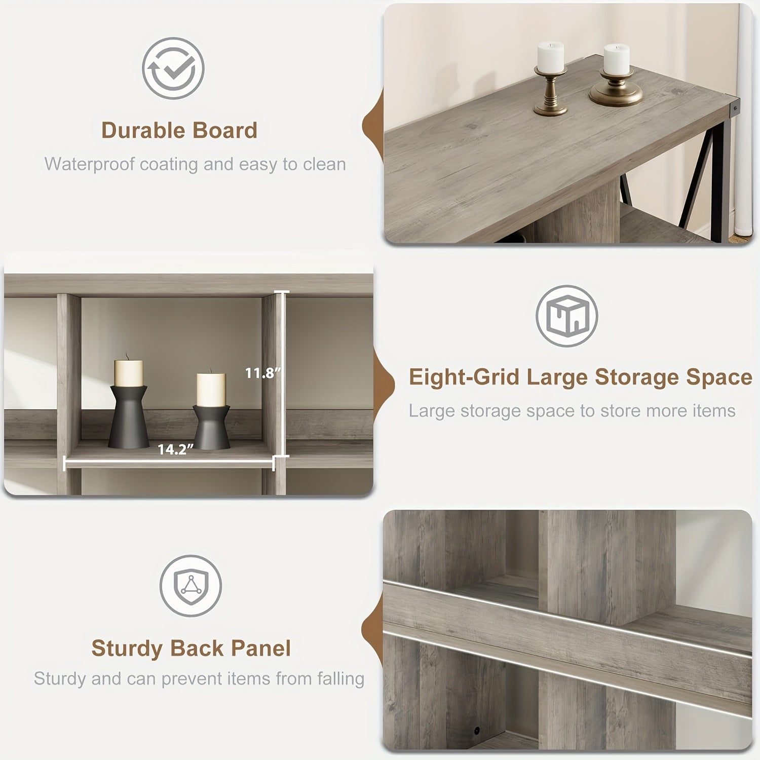 8 Cube Storage Organizer Bookshelf, 3 Tier Metal Horizontal Bookcase, 62 Inch Console Bookshelves, Industrial Storage Bookcase For Entryway, Long Low Bookshelf For Living Room-Retro Gray