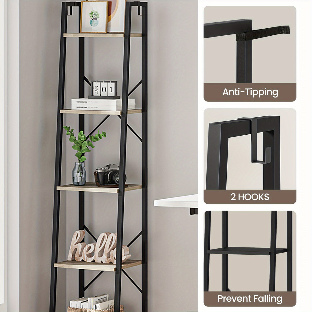 5-Tier Ladder Shelf, Narrow Bookshelf, Corner Storage Shelves, Freestanding Bookcase with 2 Hooks for Home Office, Living Room, Kitchen, Bedroom, Industrial, Greige and Black, Black, Utility Racks
