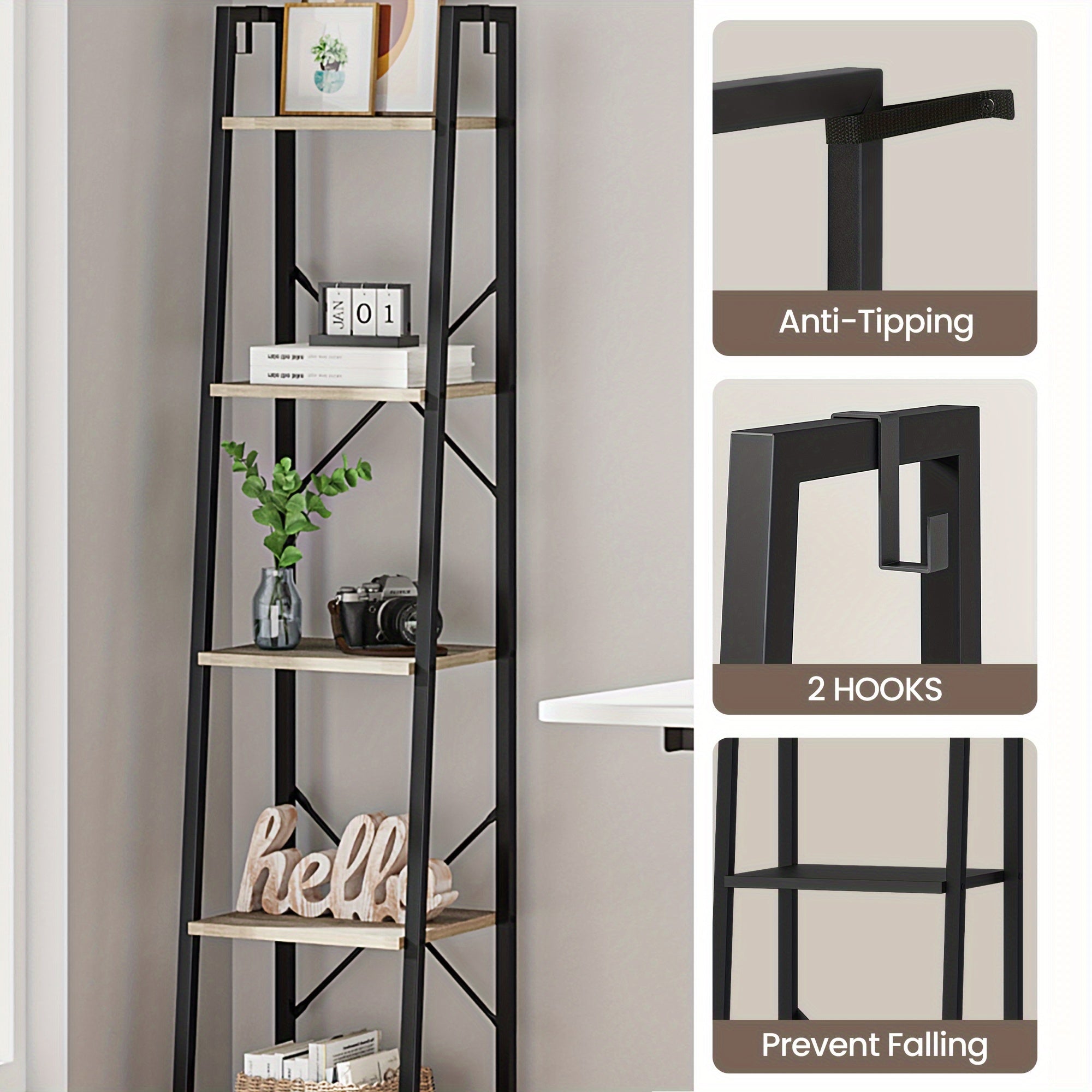 5-Tier Ladder Shelf, Narrow Bookshelf, Corner Storage Shelves, Freestanding Bookcase with 2 Hooks for Home Office, Living Room, Kitchen, Bedroom, Industrial, Greige and Black, Black, Utility Racks