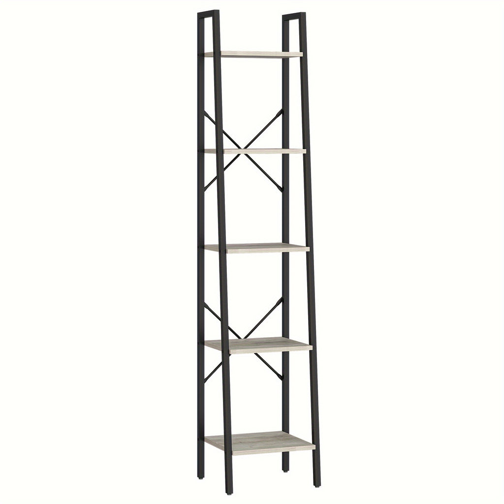 5-Tier Ladder Shelf, Narrow Bookshelf, Corner Storage Shelves, Freestanding Bookcase with 2 Hooks for Home Office, Living Room, Kitchen, Bedroom, Industrial, Greige and Black, Black, Utility Racks