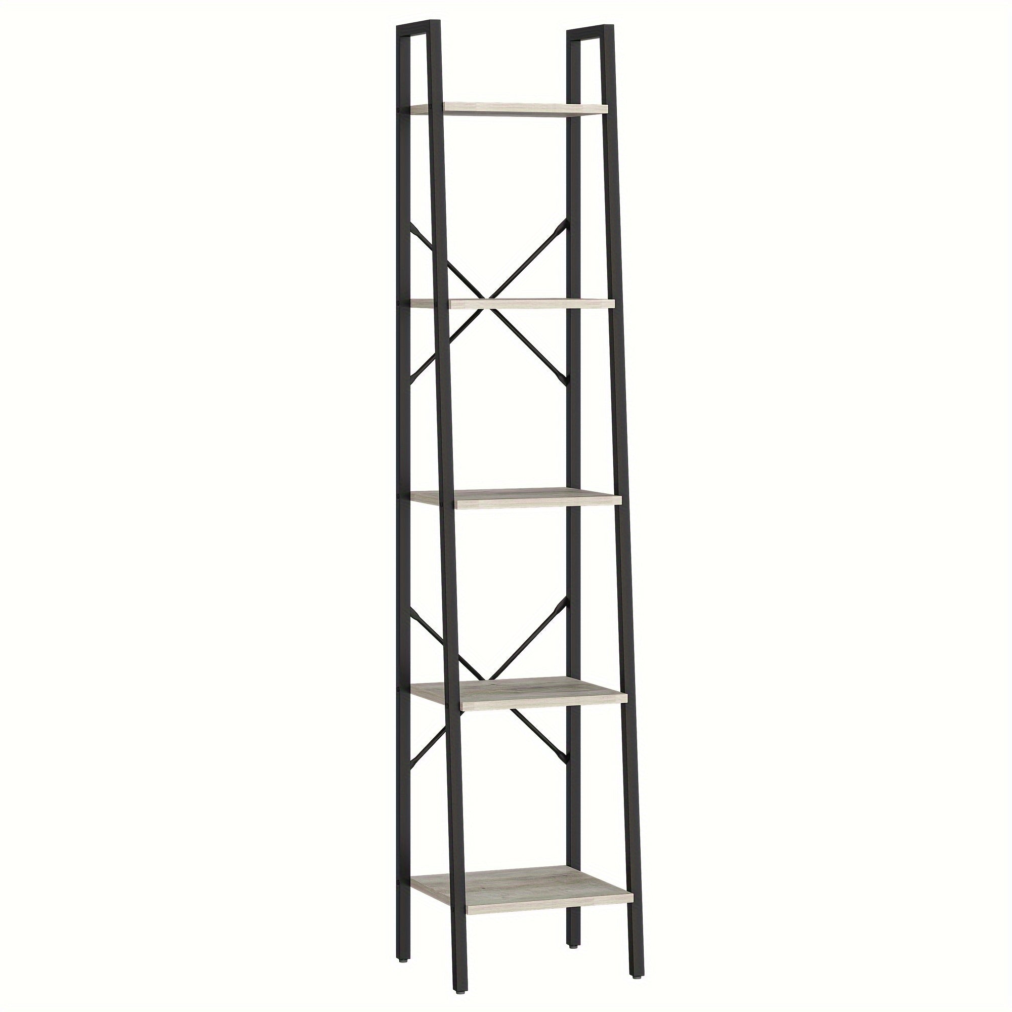 5-Tier Ladder Shelf, Narrow Bookshelf, Corner Storage Shelves, Freestanding Bookcase with 2 Hooks for Home Office, Living Room, Kitchen, Bedroom, Industrial, Greige and Black, Black, Utility Racks