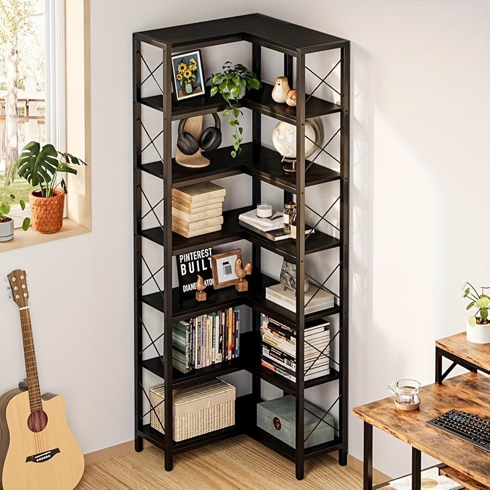 Industrial 7-Tier Corner Bookshelf, Multipurpose Metal and Wood Overhead Mounted Storage Display Rack, with Tiered Shelves for Living Room, Home Office, Utility Racks