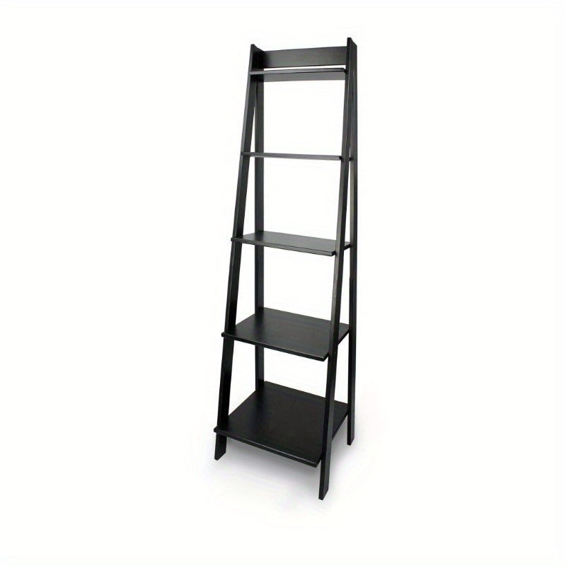 Solid Wood 5-Shelf Ladder Bookcase - Modern Black Bookshelf with Sturdy A-Frame Design, Space-Saving Vertical Storage for Home Office, Living Room, Dorm - Easy Assembly, Compact Bookcase for Small Spaces (Assembled Height \u003C27\