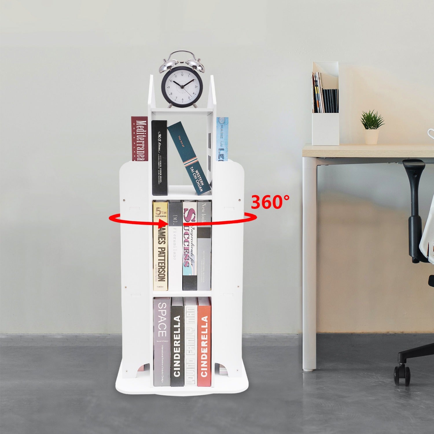 Heavy-Duty 3-Tier Rotating Bookshelf - 360° Spinning Bookcase with Wide Base, Modern White Floor Standing Shelf Organizer, Easy Assembly for Home Office, Living Room, Study - PVC\u002FABS Construction, Bookshelf Furniture