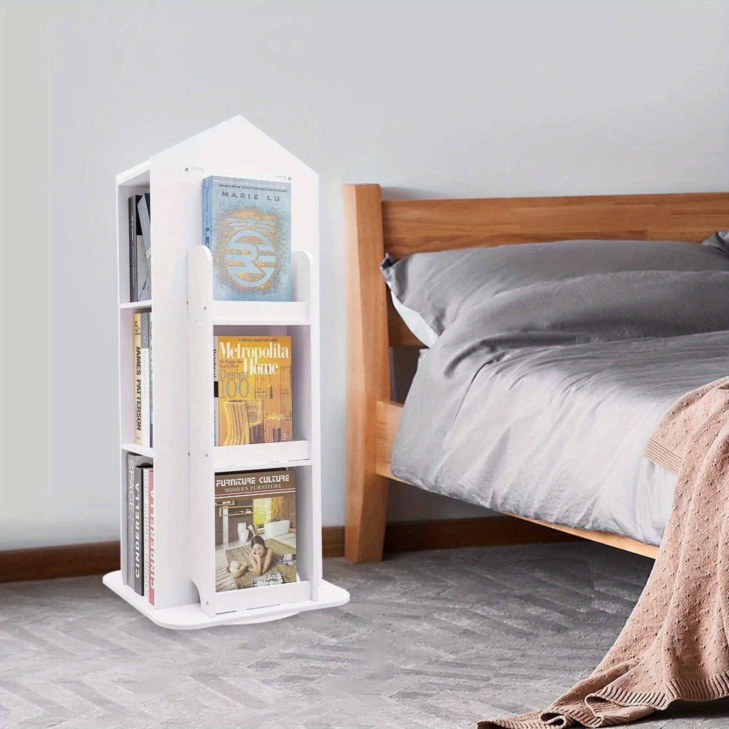 Heavy-Duty 3-Tier Rotating Bookshelf - 360° Spinning Bookcase with Wide Base, Modern White Floor Standing Shelf Organizer, Easy Assembly for Home Office, Living Room, Study - PVC\u002FABS Construction, Bookshelf Furniture