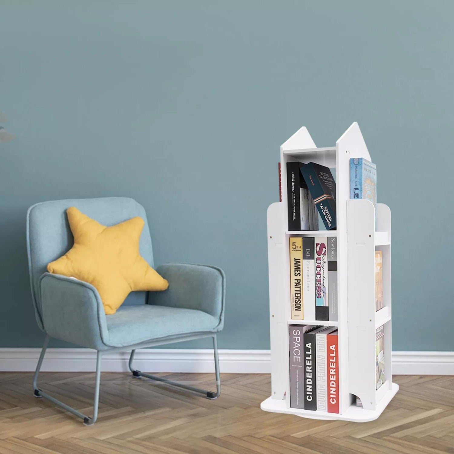 Heavy-Duty 3-Tier Rotating Bookshelf - 360° Spinning Bookcase with Wide Base, Modern White Floor Standing Shelf Organizer, Easy Assembly for Home Office, Living Room, Study - PVC\u002FABS Construction, Bookshelf Furniture