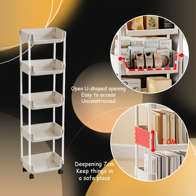 1 Piece Five-Layer Movable Bookshelf, Floor-standing Table Trolley, Easy Assembly, Suitable for Bathroom, Kitchen, Bedroom, Perfect for Organizing Books and Magazines - Fashion Design