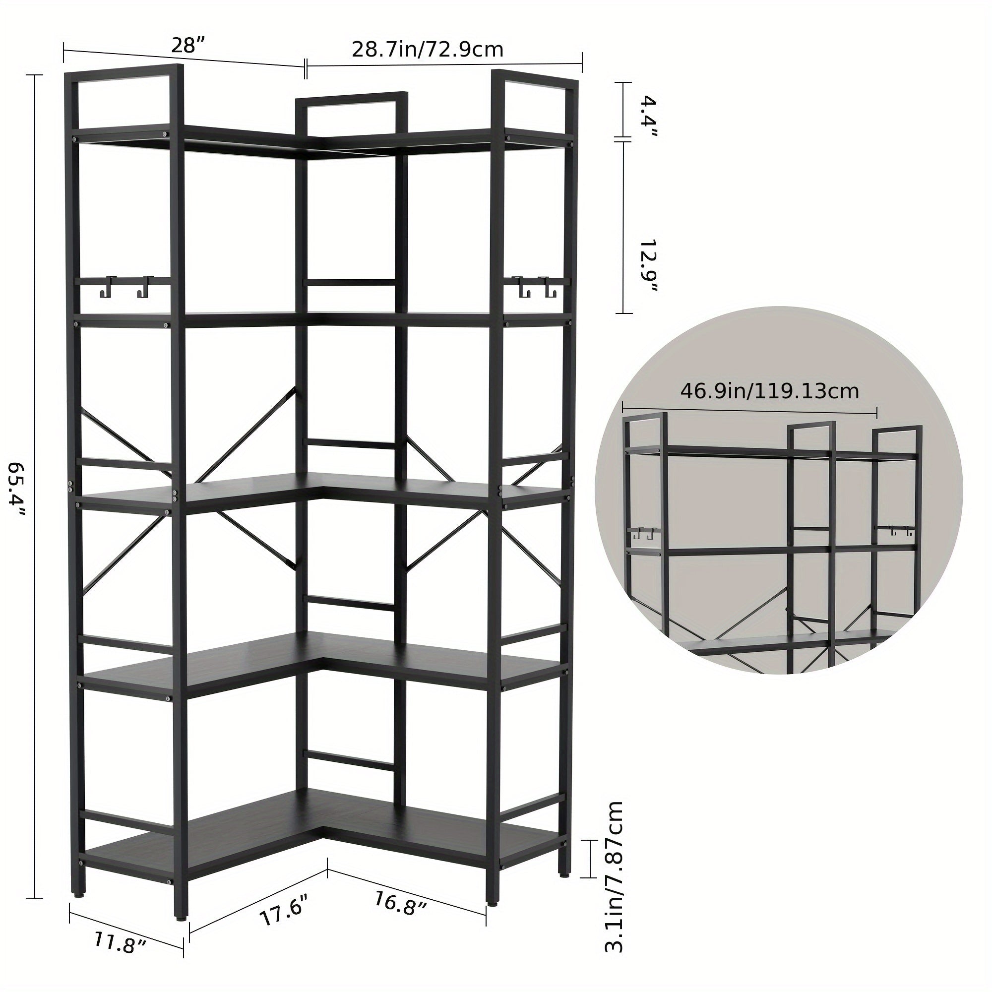 Reversible Corner Bookcase with 5 Layers, 4 Hooks, 65 Inch Industrial Style Bookcase, Suitable for Living Room