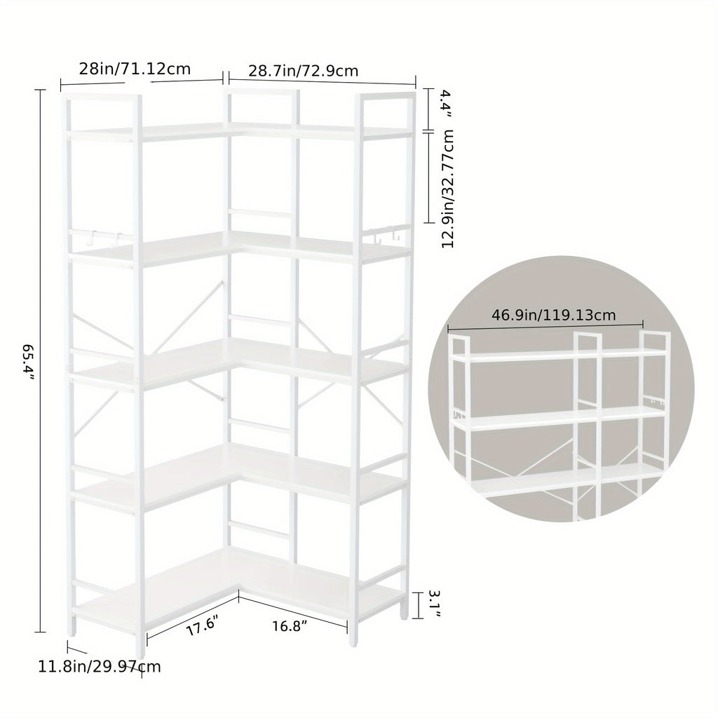 Reversible Corner Bookcase with 5 Layers, 4 Hooks, 65 Inch Industrial Style Bookcase, Suitable for Living Room