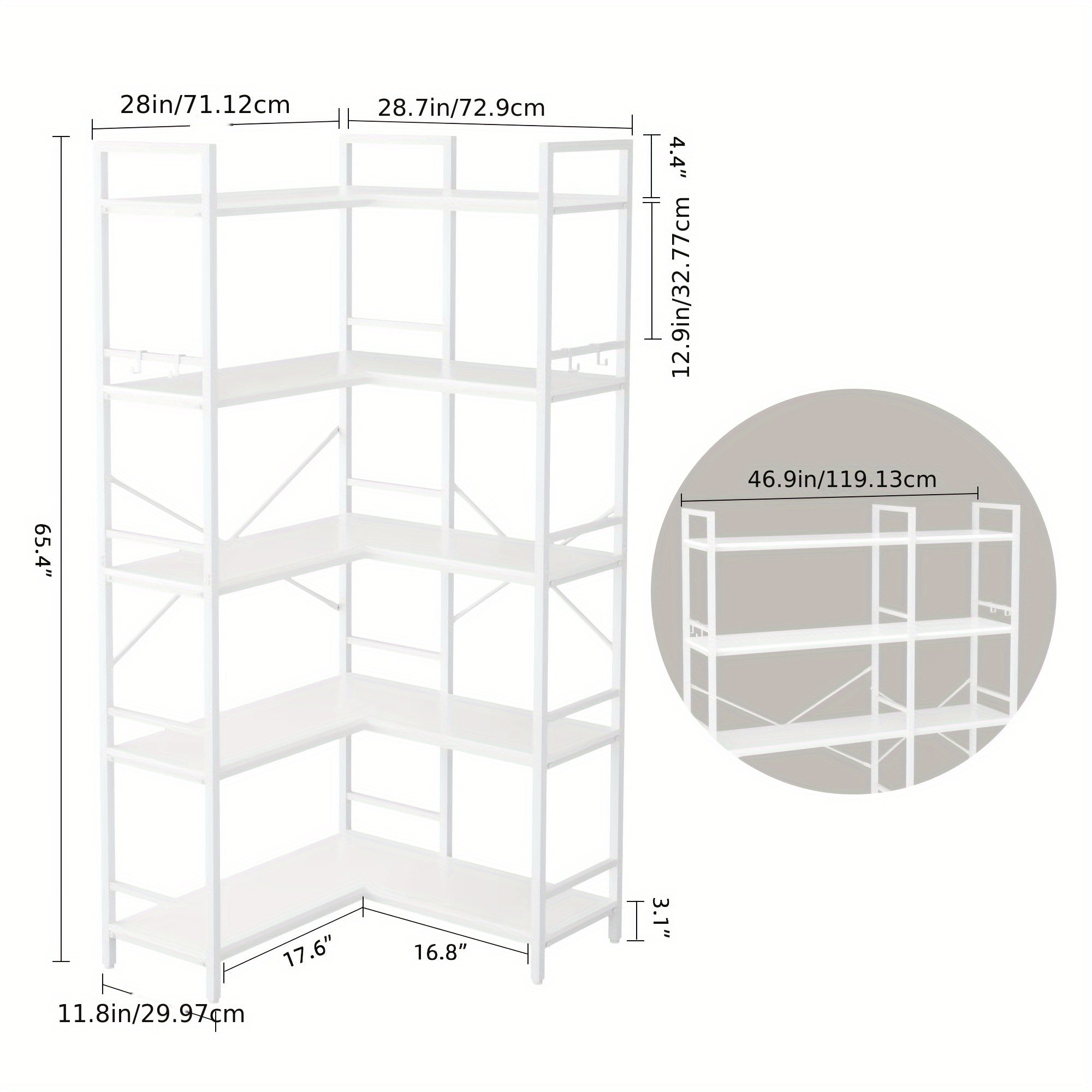 Reversible Corner Bookcase with 5 Layers, 4 Hooks, 65 Inch Industrial Style Bookcase, Suitable for Living Room