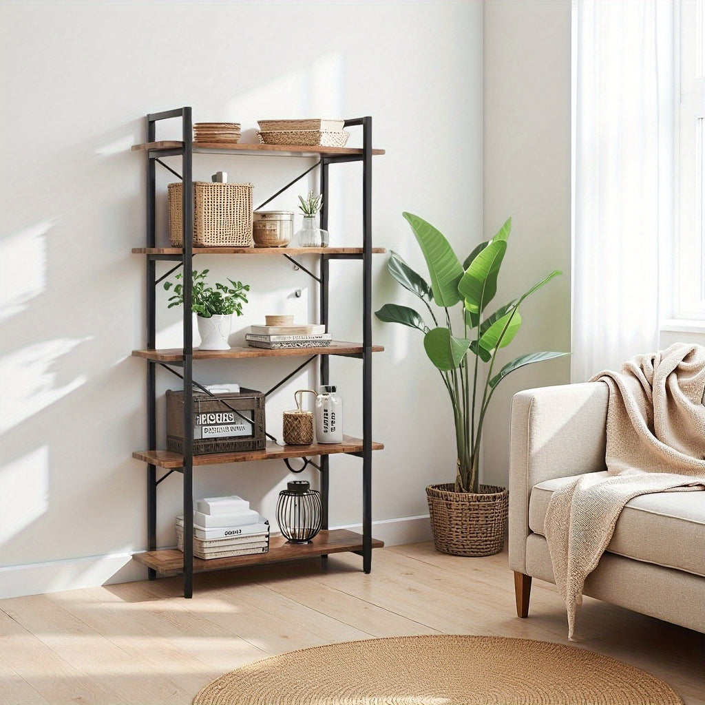 3-Tier\u002F5-Tier Metal Bookshelf - Rustic Brown Modern Classic Design, 27\