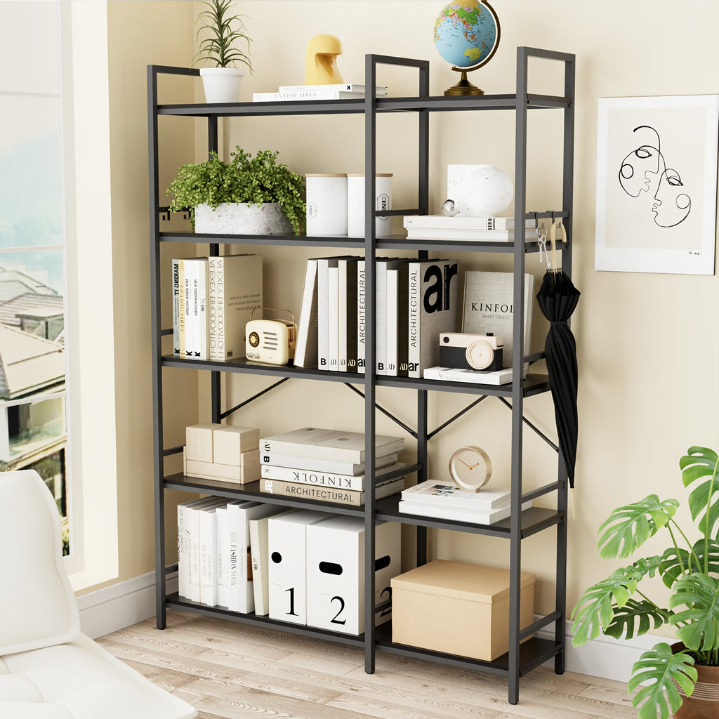 Reversible Corner Bookcase with 5 Layers, 4 Hooks, 65 Inch Industrial Style Bookcase, Suitable for Living Room