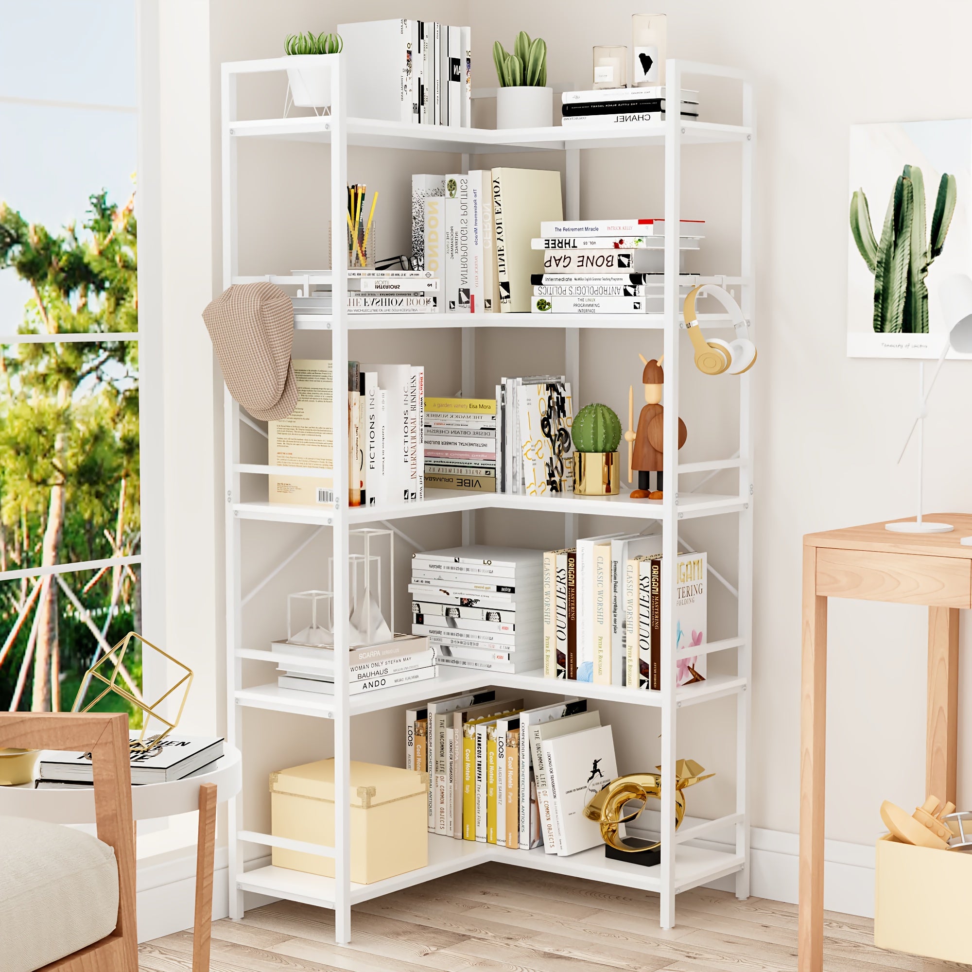 Reversible Corner Bookcase with 5 Layers, 4 Hooks, 65 Inch Industrial Style Bookcase, Suitable for Living Room