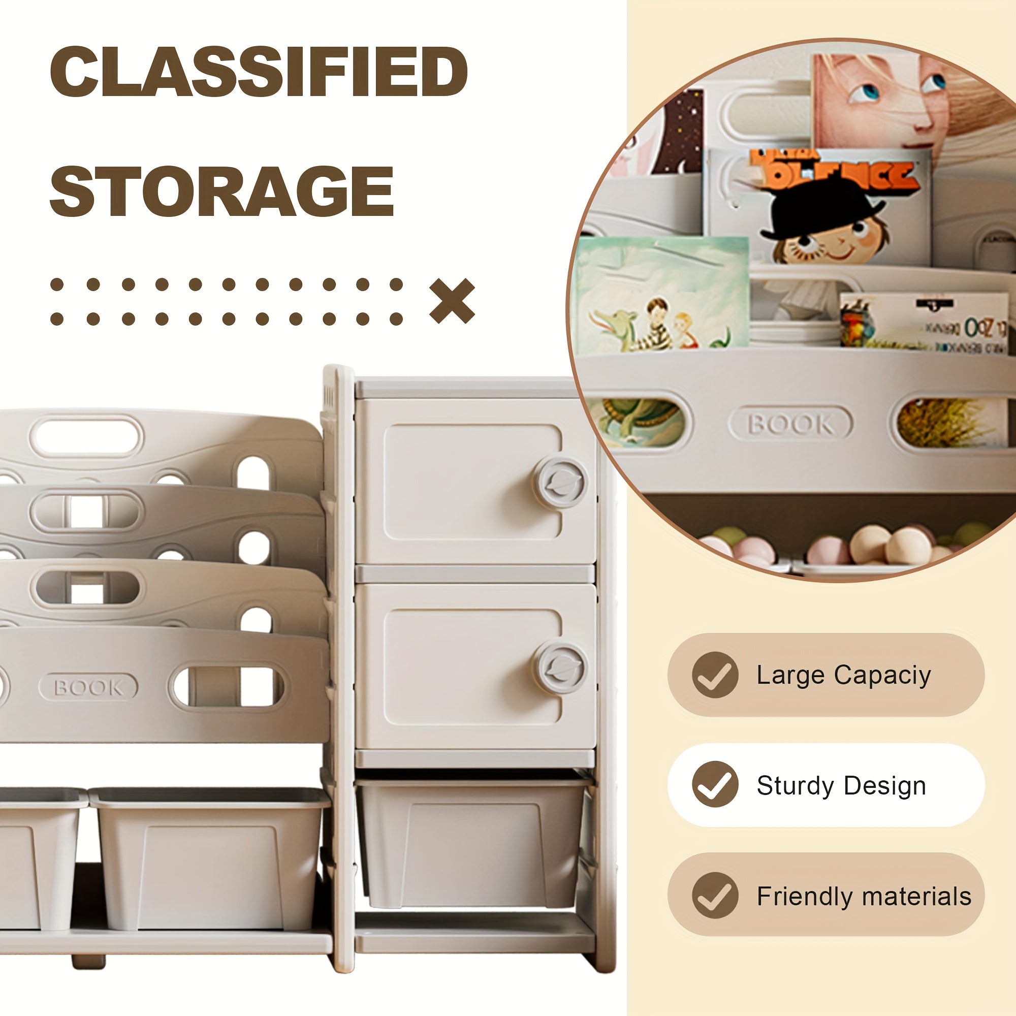 Levader Beige Multilayer Plastic Storage Cabinet With Bookshelf, 8 Storage Boxes + 2 Cabinets, Multipurpose Storage Rack, Easy To Assemble Large Storage Shelves, Suitable For Living Room, Bedroom, Dining Room, Game Room