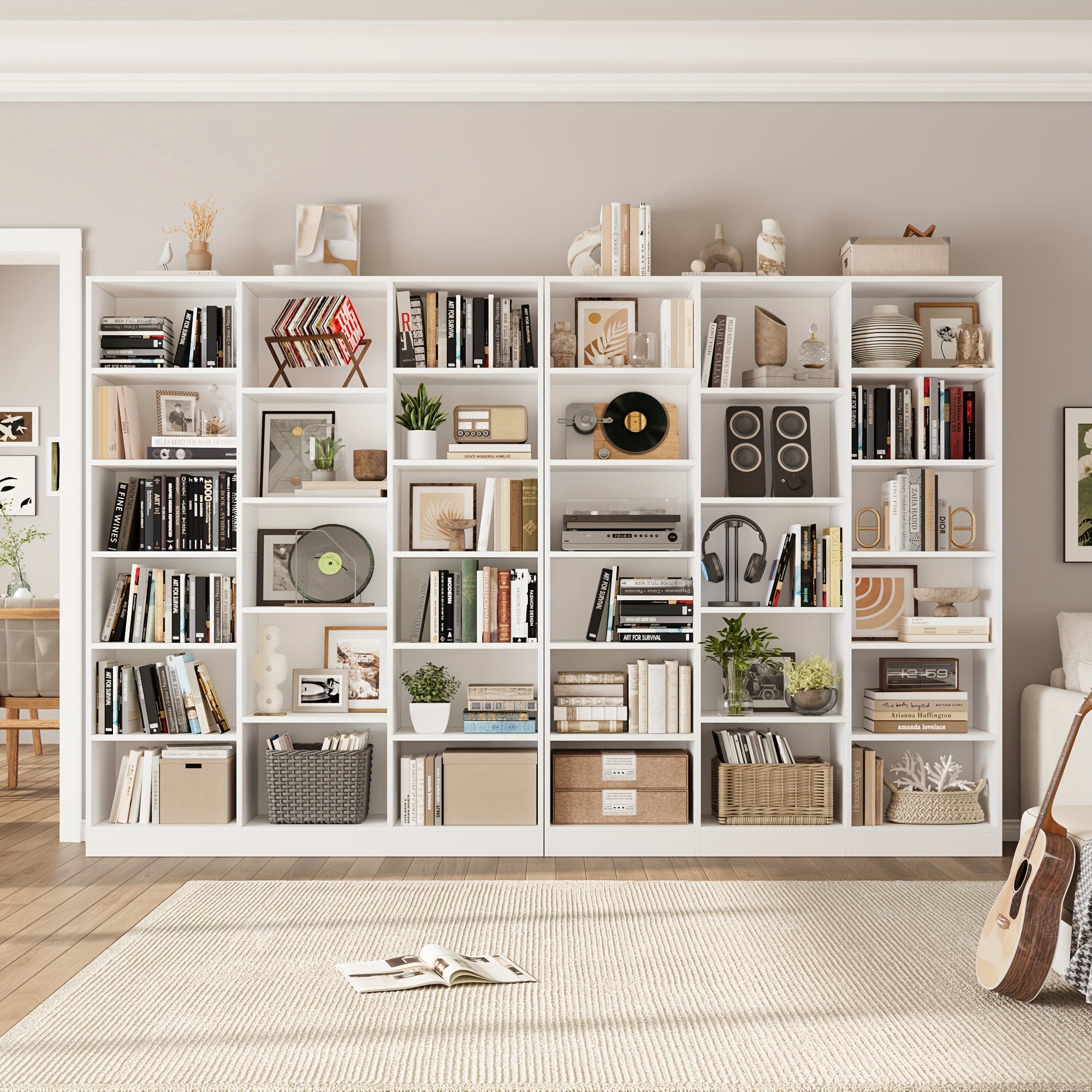 Triple Wide Bookshelf - 6-Tier 17-Shelf Solid Hardwood Bookcase, 74\