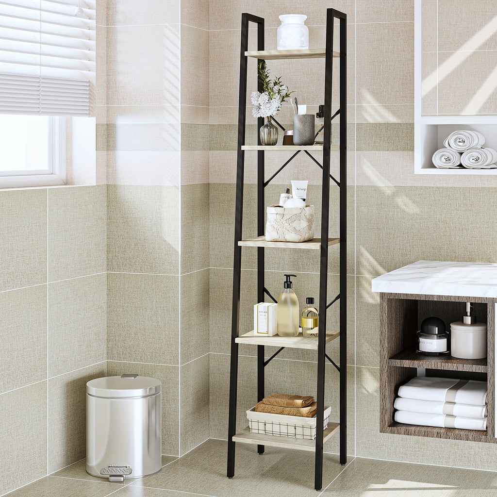 5-Tier Ladder Shelf, Narrow Bookshelf, Corner Storage Shelves, Freestanding Bookcase with 2 Hooks for Home Office, Living Room, Kitchen, Bedroom, Industrial, Greige and Black, Black, Utility Racks