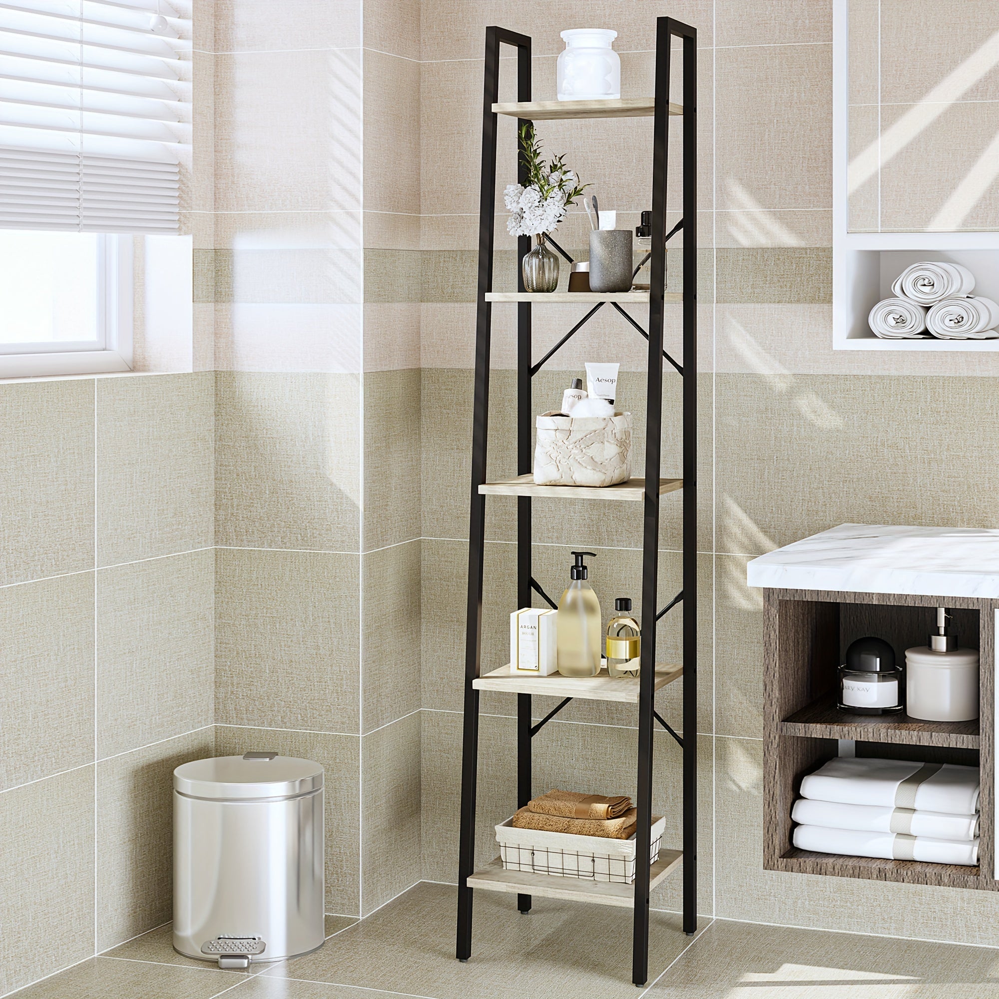 5-Tier Ladder Shelf, Narrow Bookshelf, Corner Storage Shelves, Freestanding Bookcase with 2 Hooks for Home Office, Living Room, Kitchen, Bedroom, Industrial, Greige and Black, Black, Utility Racks