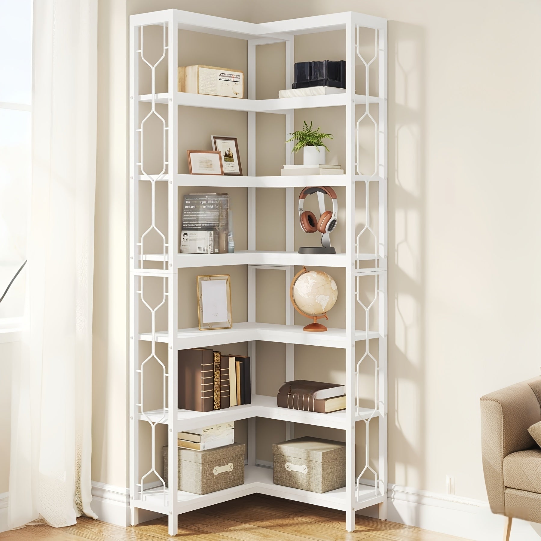 7-Tier Industrial Corner Bookshelf - Black Metal Frame, Space-Saving Design, Easy Assembly, Versatile Storage for Living Room or Office, Durable Particle Board & Metal Construction, Bookshelf Decorations