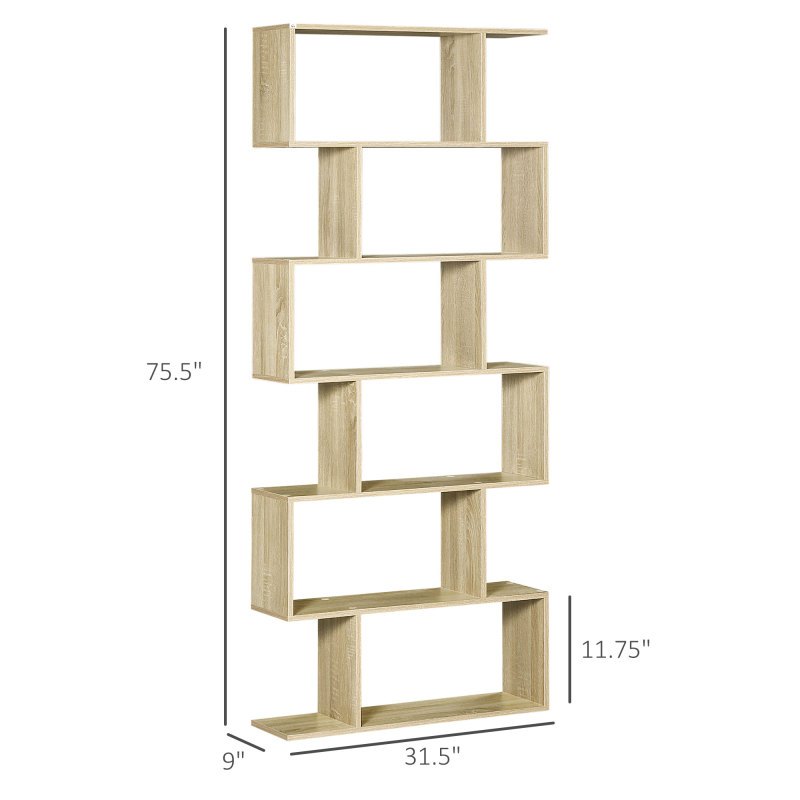 HOMCOM 75.5H S-Shaped 6-Shelf Bookcase - Space-Saving Vertical Design, Sturdy Plastic Construction, 27\