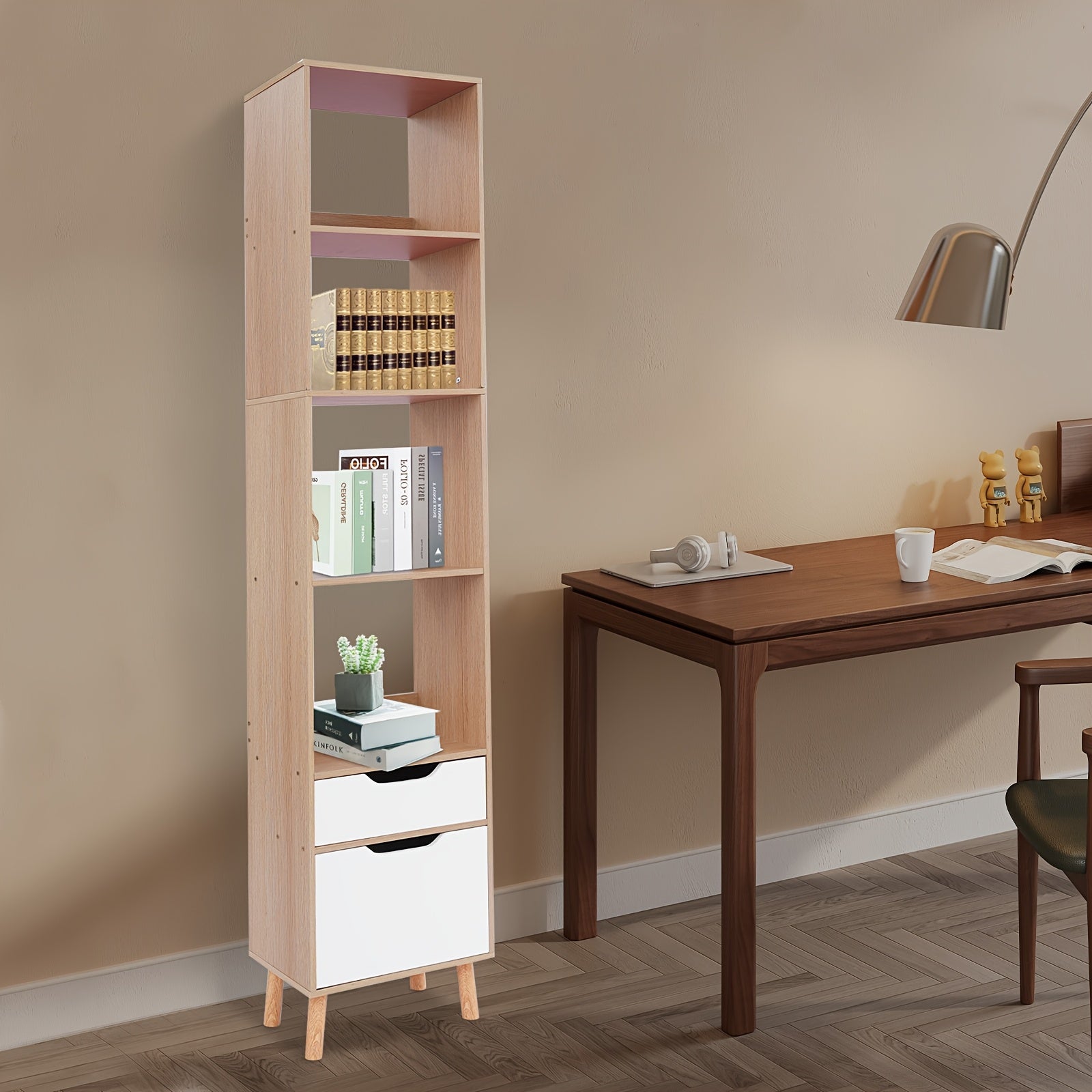 TFCFL 70.87inch Tall Oak Color Floor Standing Bookshelf with Drawers - Multi-Purpose Plastic Cabinet for Living Room, Office, Kitchen - Easy Assembly, No Metal Pipes, Versatile Storage Solution, Bookcase Furniture, Utility Racks