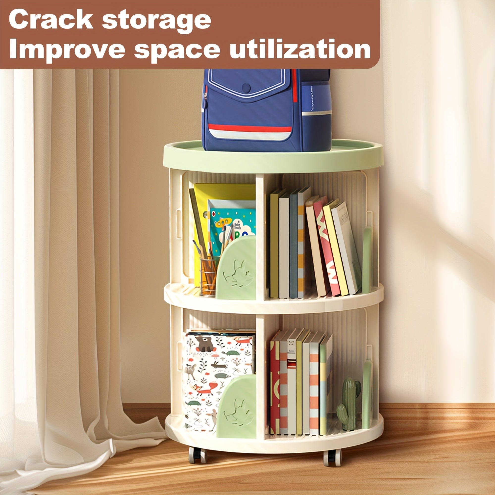 2\u002F3 Layer Swivel Bookshelves, 360° Rotatable Plastic Display Stands, Space Saving Design - Home Storage Shelf, Green\u002FBrown, Storage Shelf for Study, Bedroom, Living Room, Library, Etc.