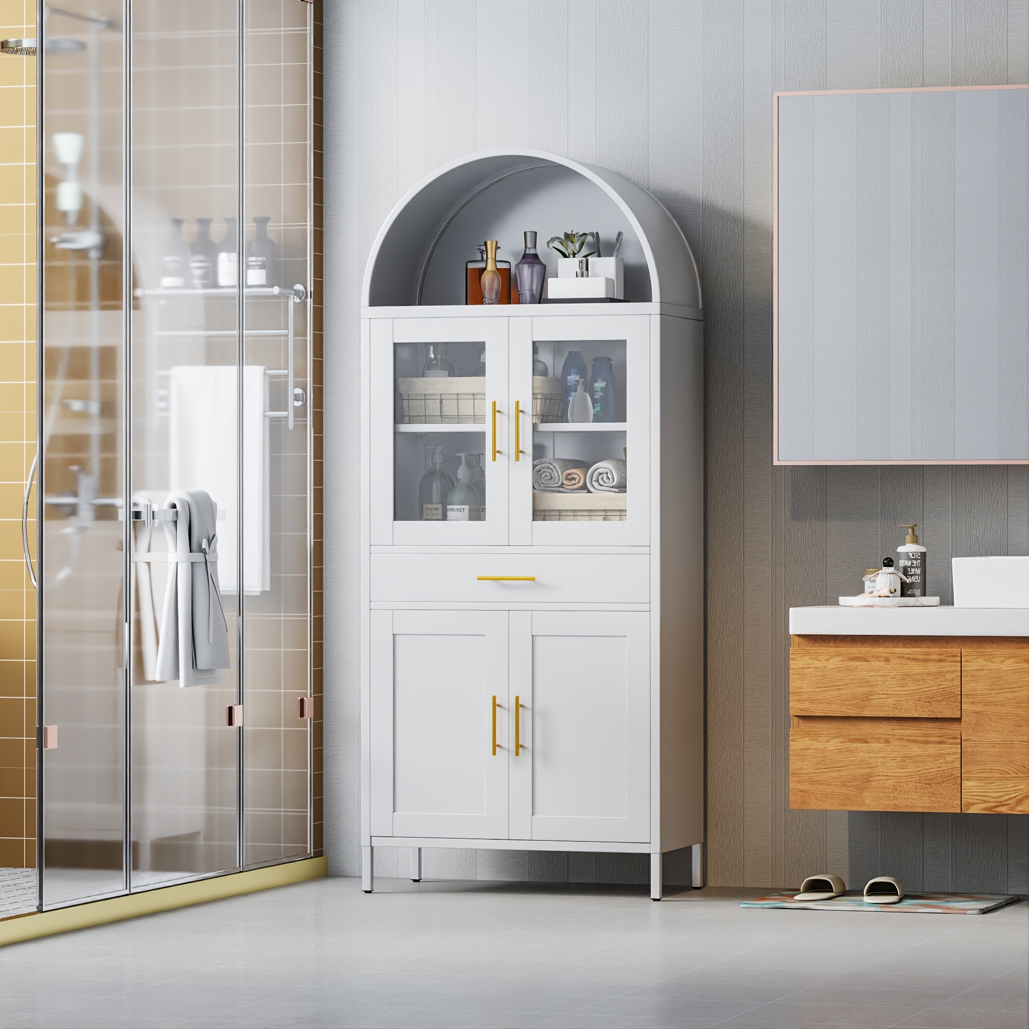 Arched Metal Storage Cabinet, Arched Display Case, Bookcase, Glass Door, Drawer, Suitable for Bathroom, Home, Office, Assembly Required (Black, White)