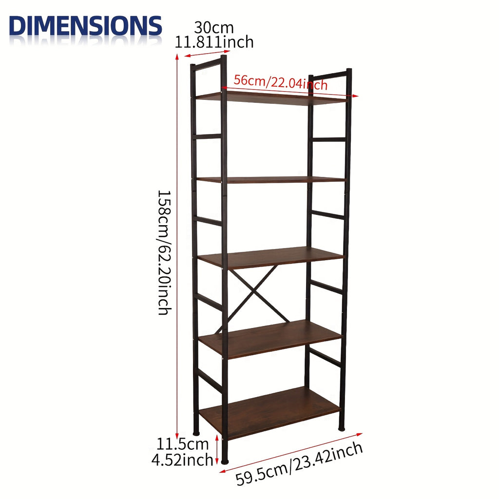 Five Layer Industrial Style Bookshelf - Retro Brown And Black Metal Frame, Stable Design, High-quality, Easy To Clean, Suitable For Offices, And Study Rooms - Easy To Assemble-Bookshelf
