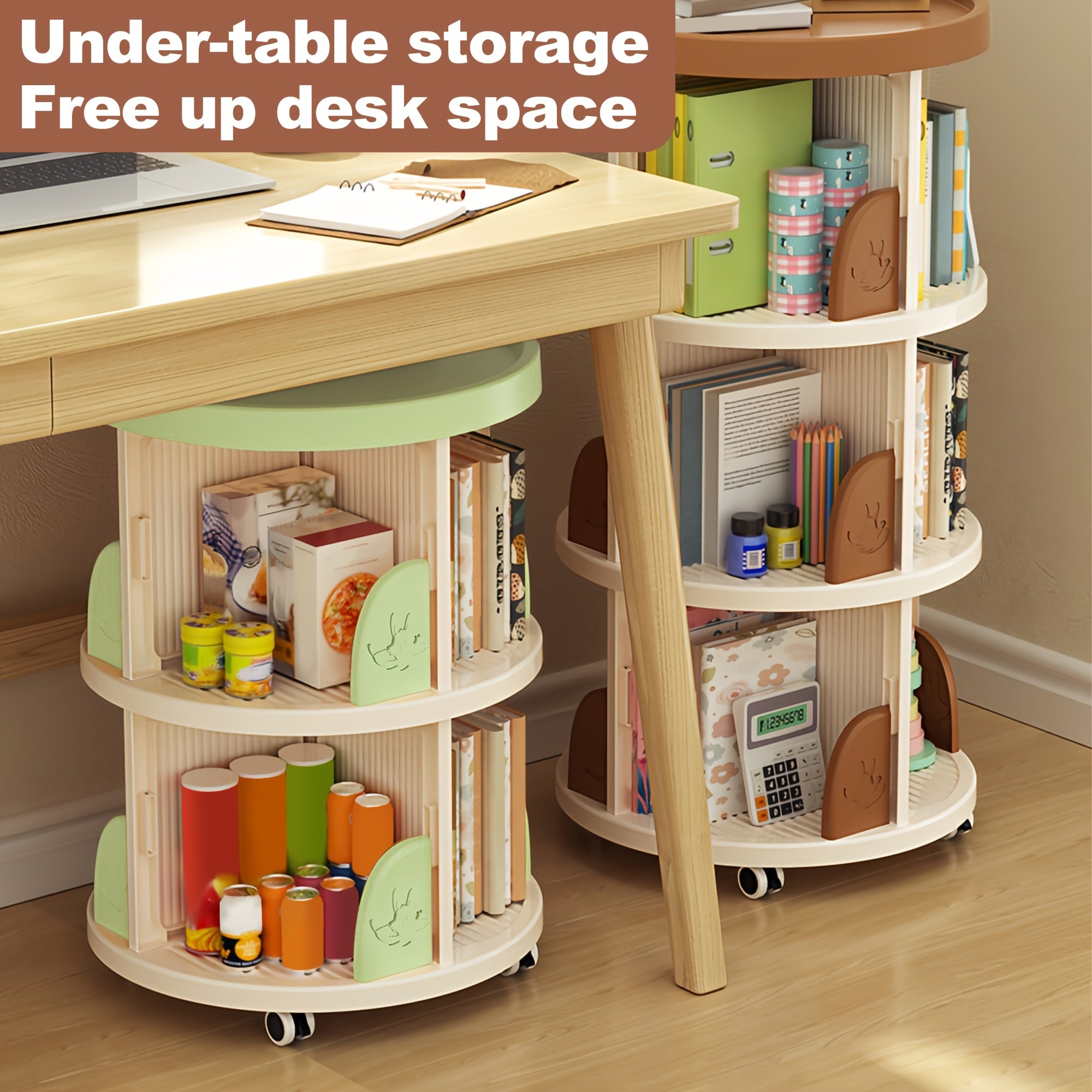 2\u002F3 Layer Swivel Bookshelves, 360° Rotatable Plastic Display Stands, Space Saving Design - Home Storage Shelf, Green\u002FBrown, Storage Shelf for Study, Bedroom, Living Room, Library, Etc.