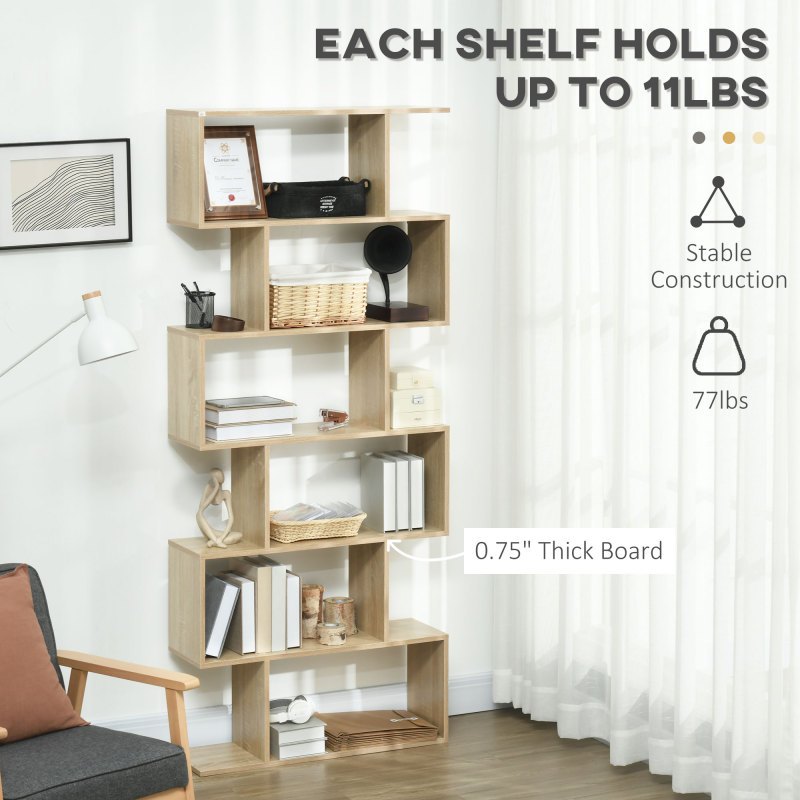HOMCOM 75.5H S-Shaped 6-Shelf Bookcase - Space-Saving Vertical Design, Sturdy Plastic Construction, 27\