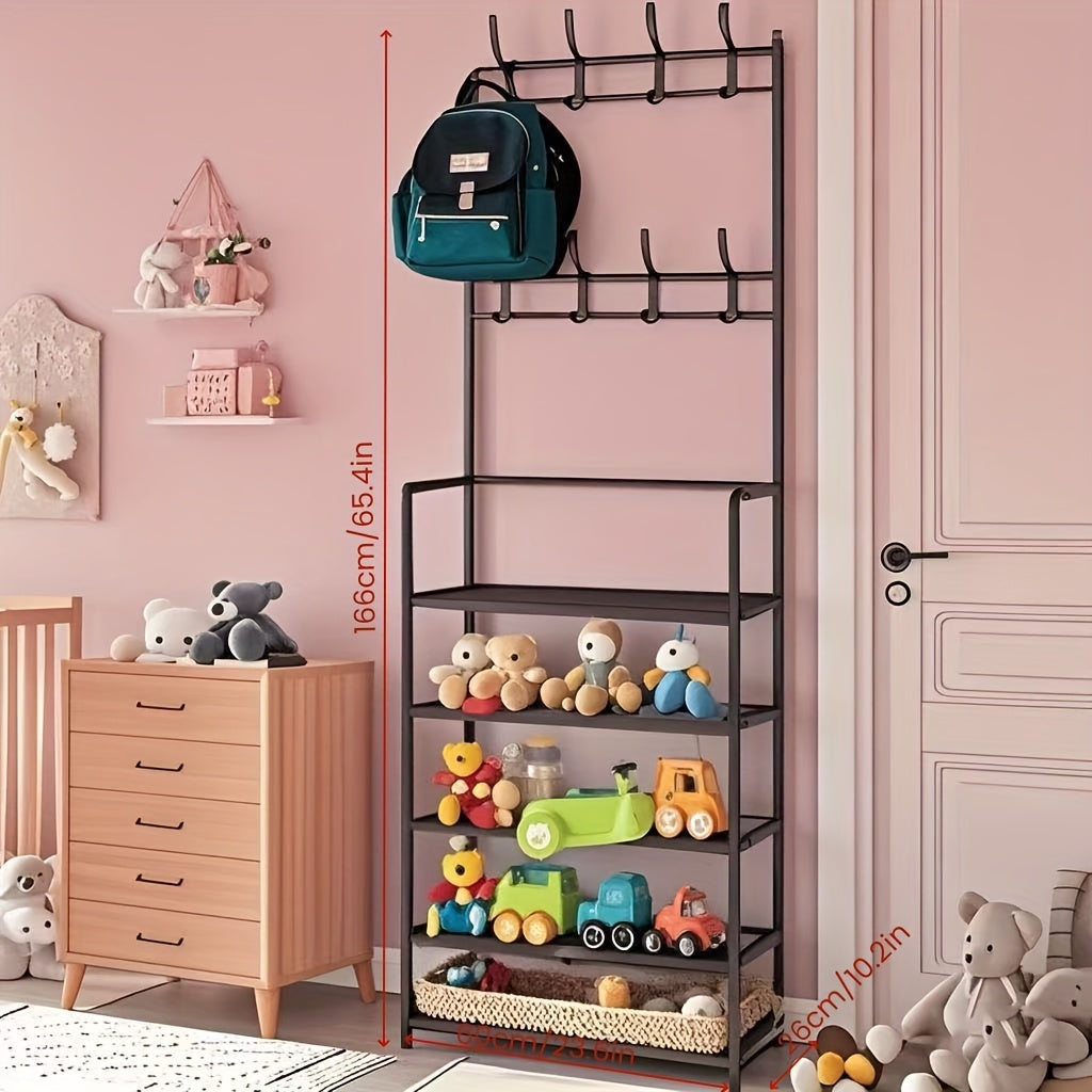 This 5-layer Multi-functional Storage Rack And Bookshelf Comes With 8 Hooks, With A Total Height Of 65 Inches. It Is Suitable For Toy Storage In Bedrooms And Living Rooms, Saving Space, Stabilizing The Structure, And Can Be Assembled By Yourself.