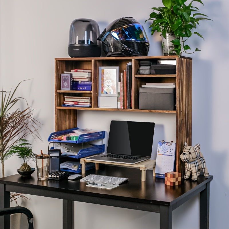 Sturdy New Zealand Pine Desktop Bookshelf - Rustic Natural Wood Finish, Multi-Compartment Organizer for Office, Dorm & Home Use, Easy Assembly