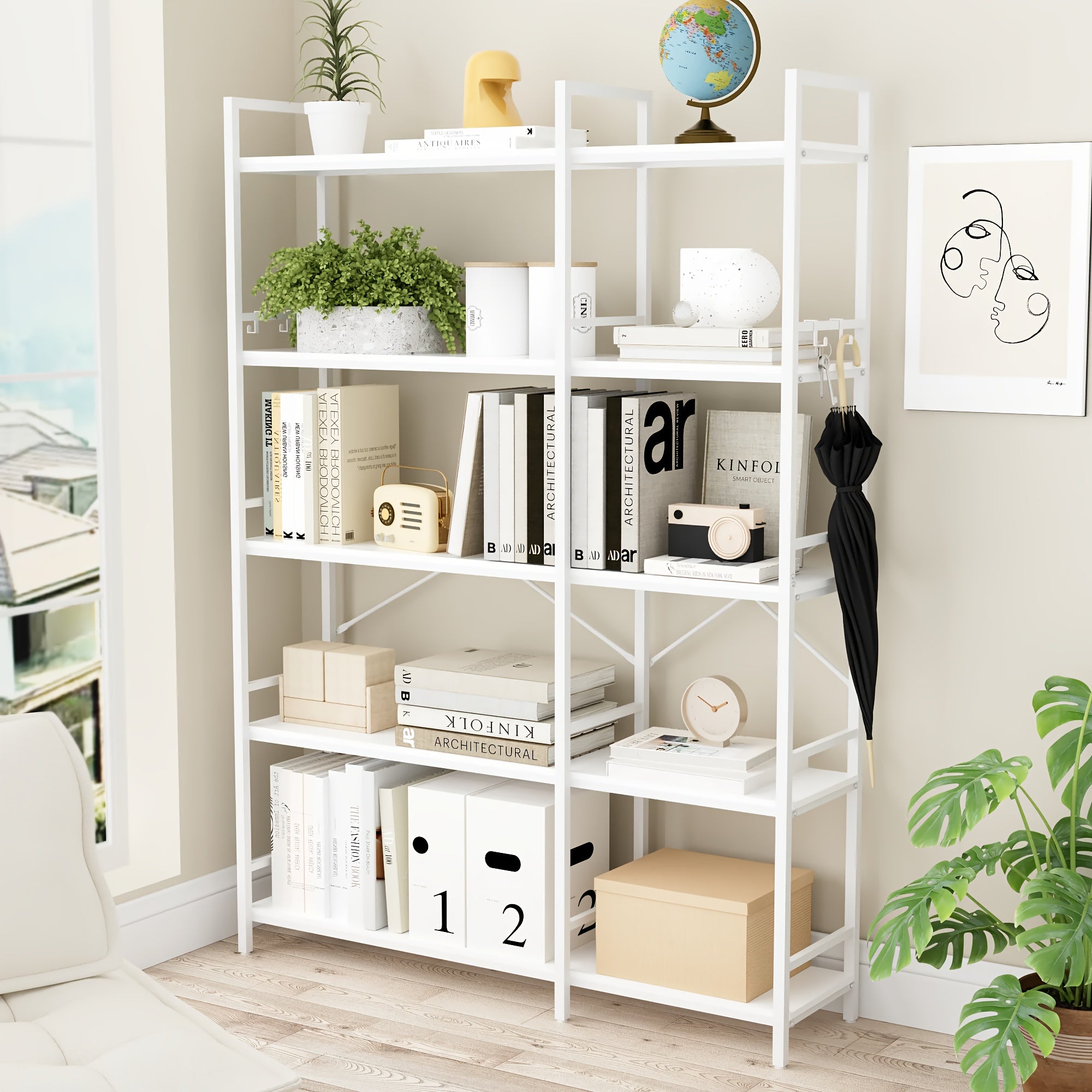 Reversible Corner Bookcase with 5 Layers, 4 Hooks, 65 Inch Industrial Style Bookcase, Suitable for Living Room