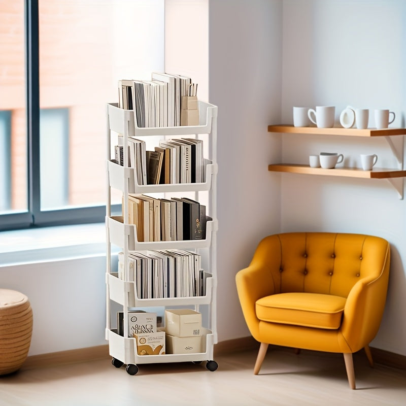 1 Piece Five-Layer Movable Bookshelf, Floor-standing Table Trolley, Easy Assembly, Suitable for Bathroom, Kitchen, Bedroom, Perfect for Organizing Books and Magazines - Fashion Design
