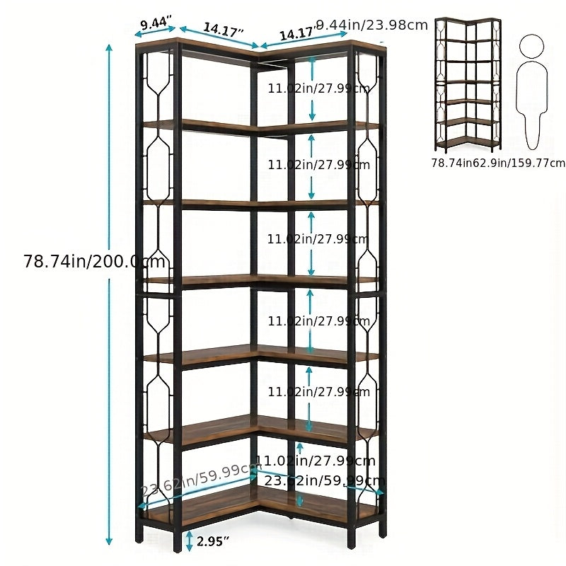 7-Tier Industrial Corner Bookshelf - Black Metal Frame, Space-Saving Design, Easy Assembly, Versatile Storage for Living Room or Office, Durable Particle Board & Metal Construction, Bookshelf Decorations