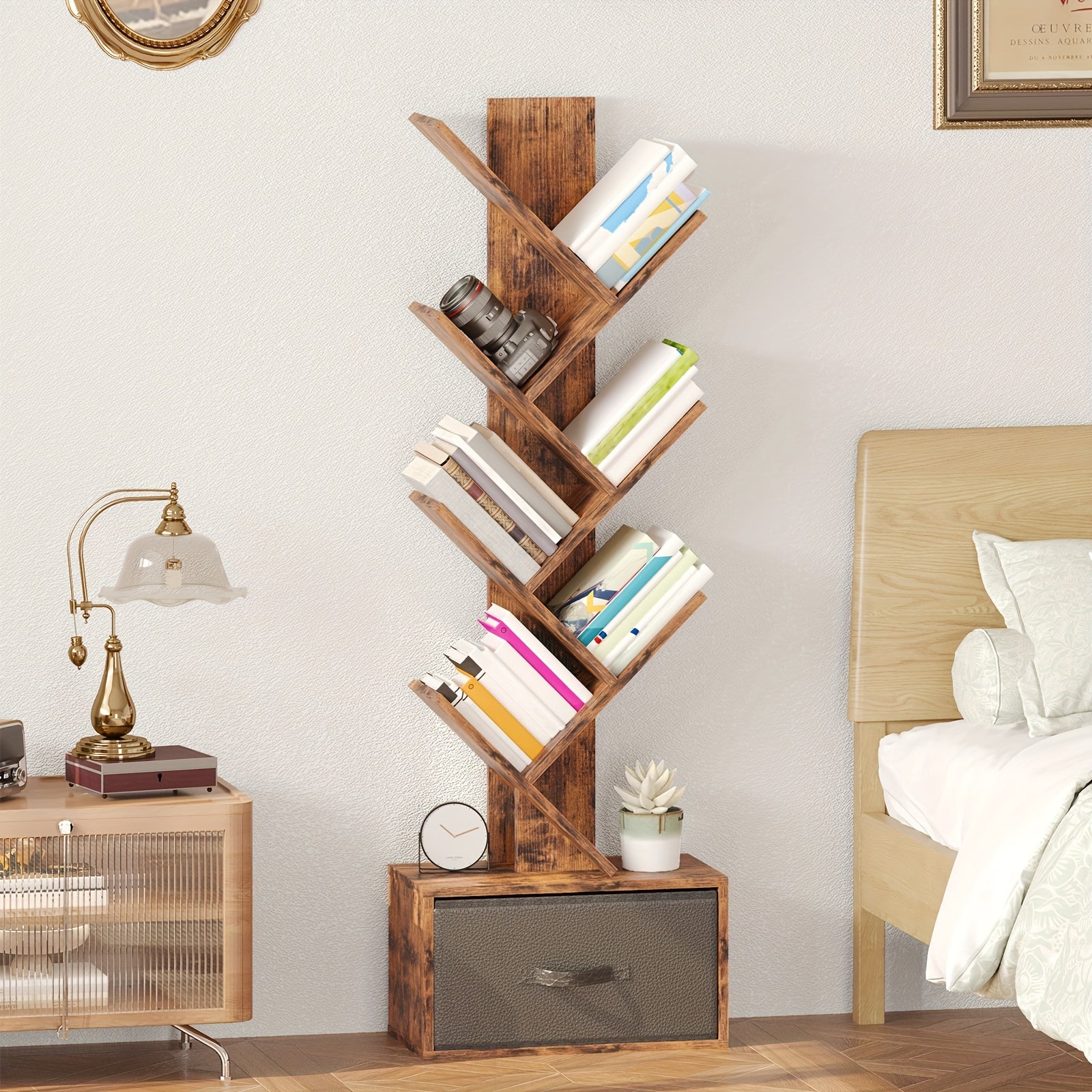TOMNK 6 Shelf Bookshelf With Drawer, Tree Book Shelf, Bookshelves Storage Rack For CDs\u002FMovies\u002FBooks, Rustic Brown Bookcase, Provides Great Stability And Durability, For Living Room, Bedroom, Home Decor, Easy To Install, Saves Space