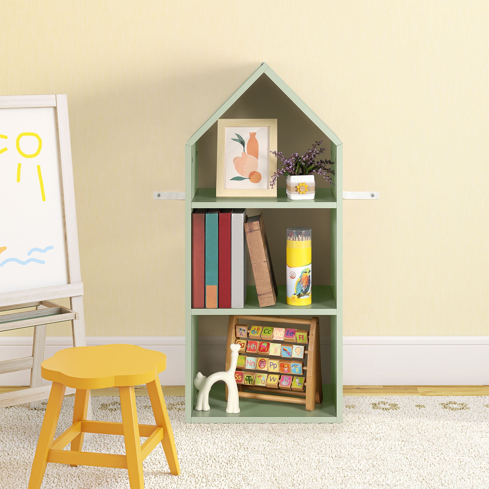 Green Triangle House Bookcase. Family Bookshelf, Toy Triple Organizer. Picture Bookshelf, Multi-tier Organizer. Short Bookshelf, Living Room Bookshelf, Reading Bookshelf., Standing Shelf