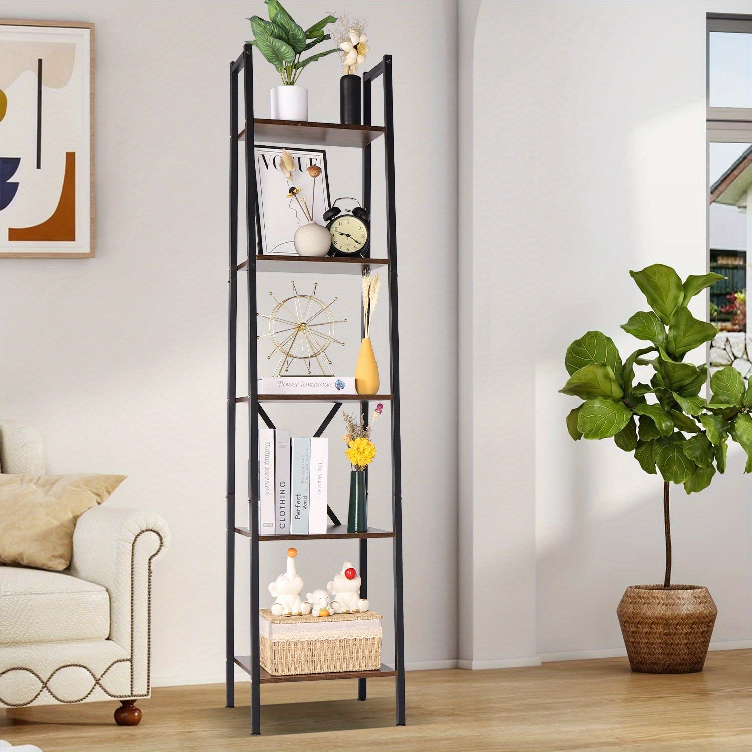 5-Story Bookcase-modern Wood And Metal Freestanding Display Stand, 27 Inch Tall Rustic Brown Storage Organizer, Suitable for Living Room, Home, Office-holds 150 Pounds, Needs Assembly, Bookcase Furnit