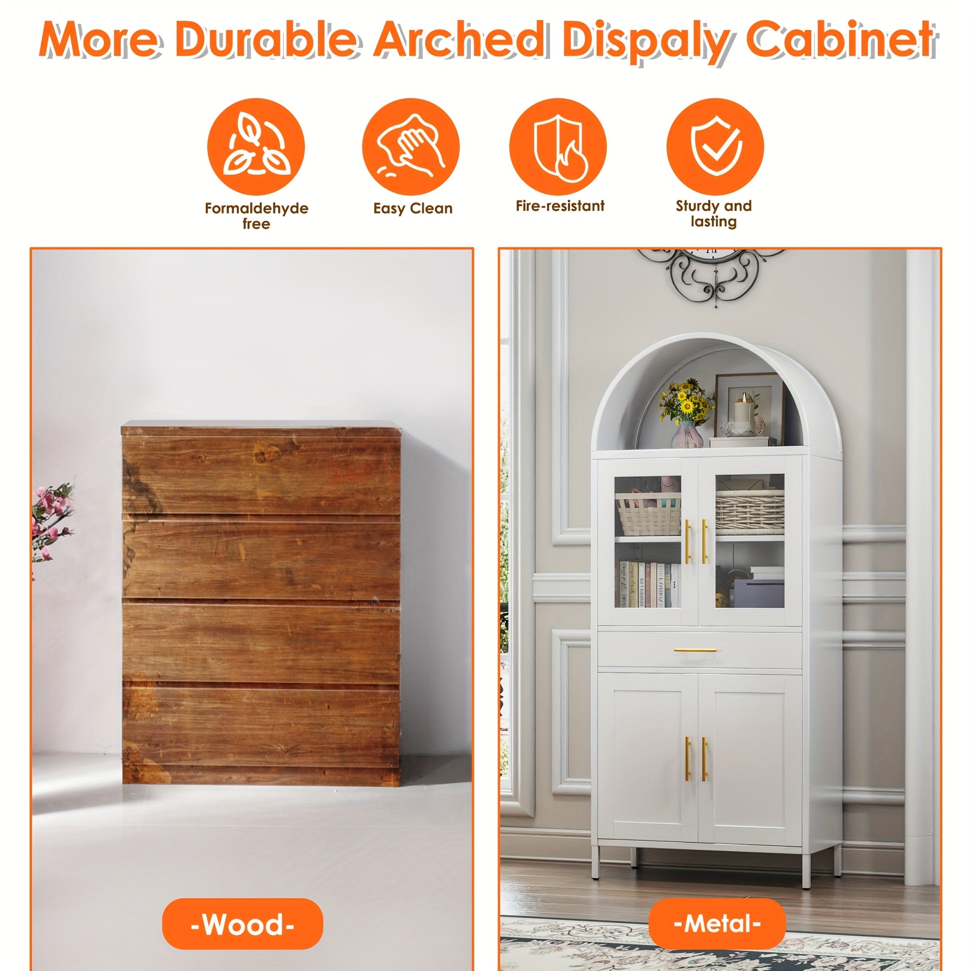 Arched Metal Storage Cabinet, Arched Display Case, Bookcase, Glass Door, Drawer, Suitable for Bathroom, Home, Office, Assembly Required (Black, White)