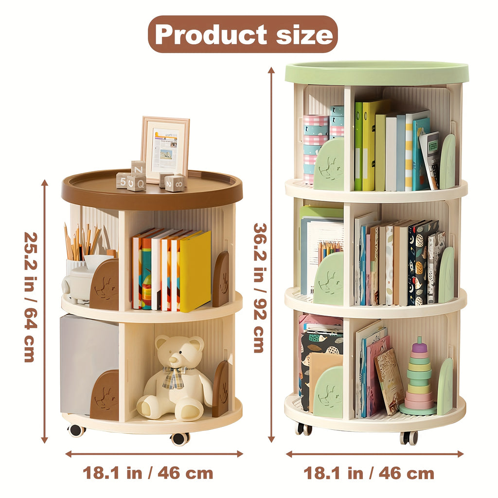 2\u002F3 Layer Swivel Bookshelves, 360° Rotatable Plastic Display Stands, Space Saving Design - Home Storage Shelf, Green\u002FBrown, Storage Shelf for Study, Bedroom, Living Room, Library, Etc.