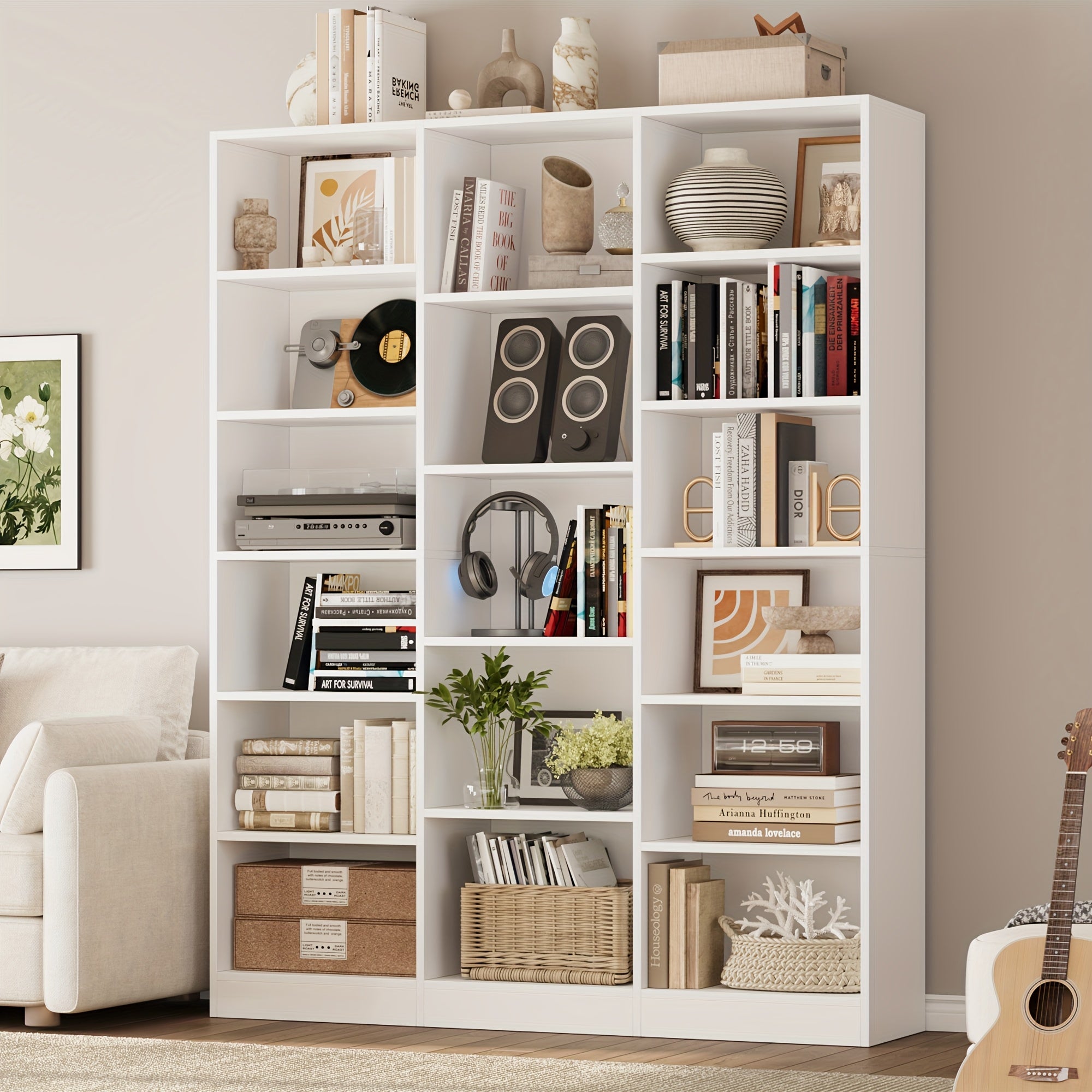 Triple Wide Bookshelf - 6-Tier 17-Shelf Solid Hardwood Bookcase, 74\