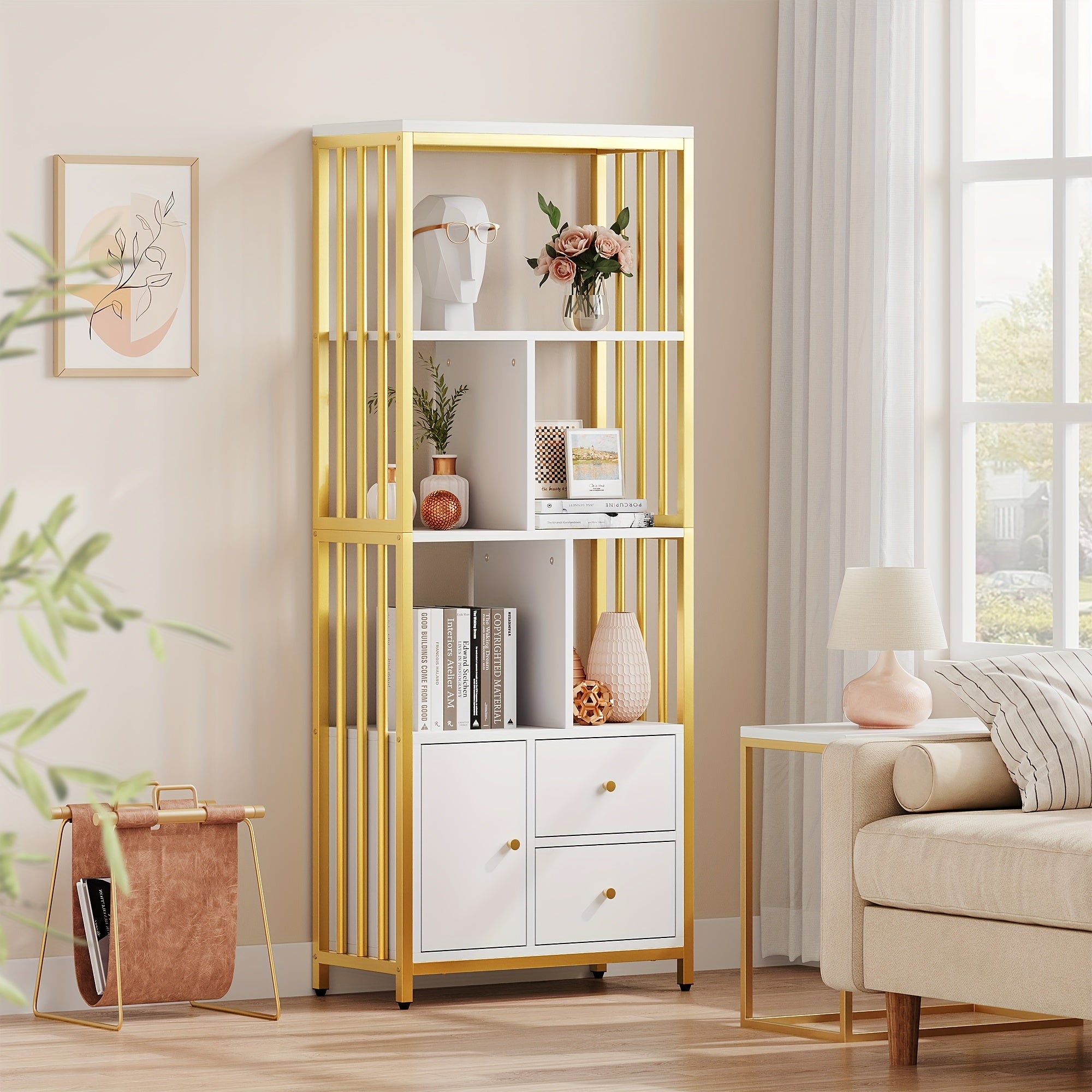 Bookshelf And Bookcase with Storage Cabinet And 2 Drawers, White And Golden Bookshelf, Standing 5 Tiers Book Shelves Display Rack with Doors for Bedroom Living Room Office, Golden