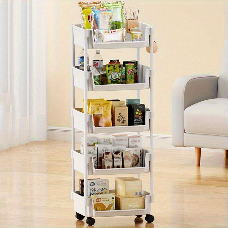 5-Tier Rolling Bookshelf with Wheels - Easy Assembly Plastic Storage Rack for Books, Tools & Household Items - Perfect for Bedroom, Bathroom, Kitchen & Living Room, Utility Shelves