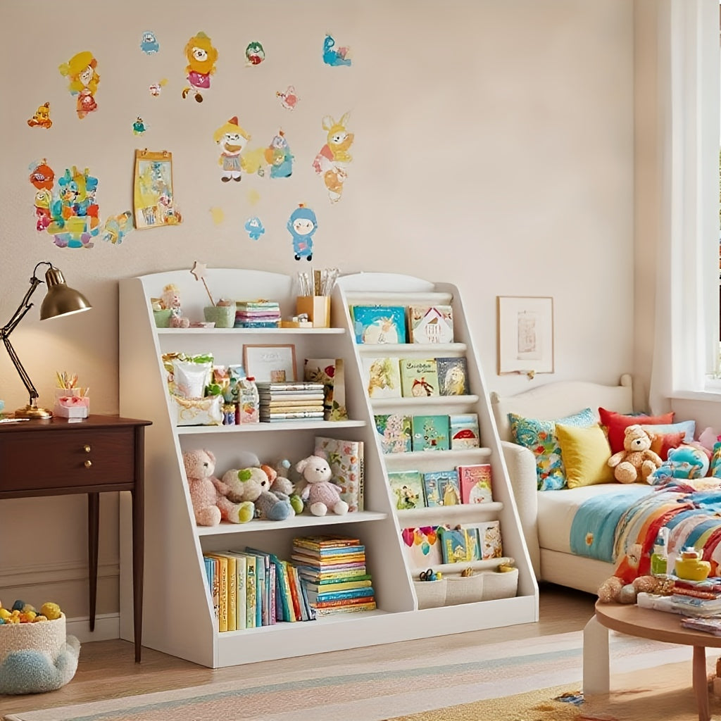 White Storage Bookshelf, Storage Cabinet, Scattered Books, Toy Shelf, Multifunctional Storage Organizer, Six Story Display Cabinet with Bookshelf, Bedroom, Living Room, Game Room, Small Room Office, Home, School Shelf, Newspaper Rack.